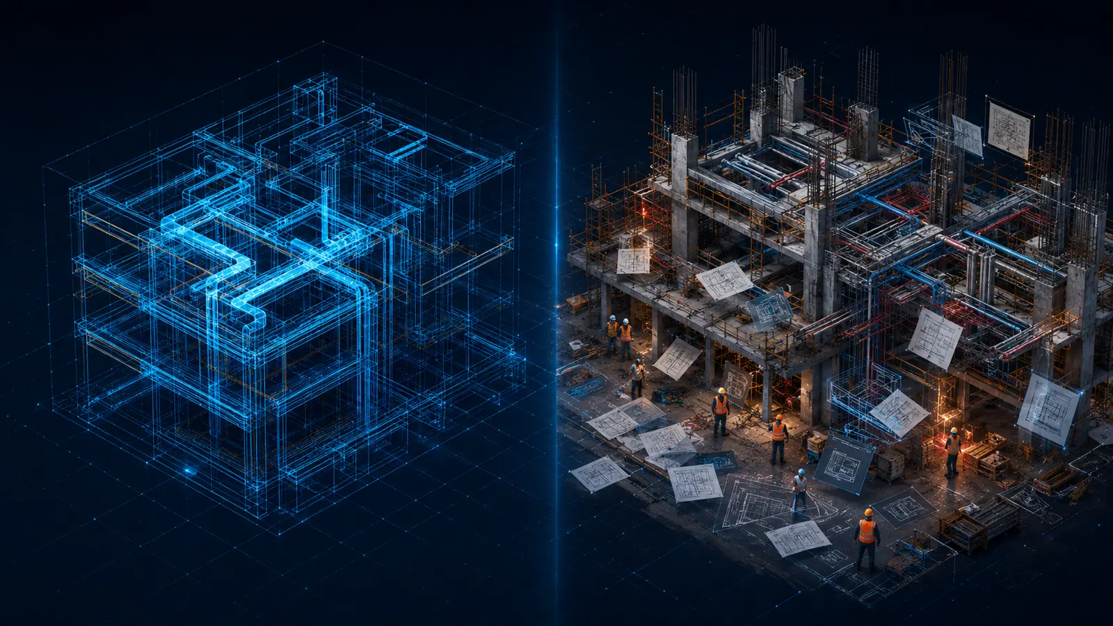 Comparação entre um modelo BIM visualmente sofisticado e um canteiro com informações desconectadas
