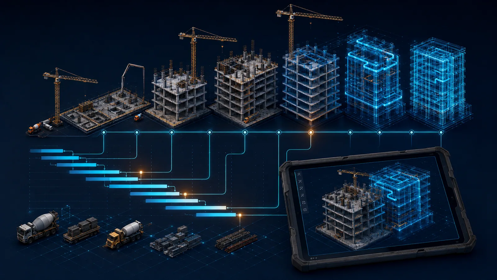 Modelo BIM conectado ao cronograma, à logística de equipamentos e às etapas da obra