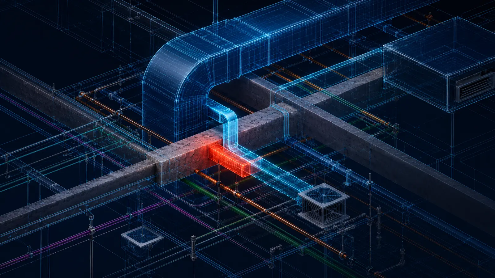 Interferência entre estrutura, duto de HVAC e tubulação identificada em um modelo BIM