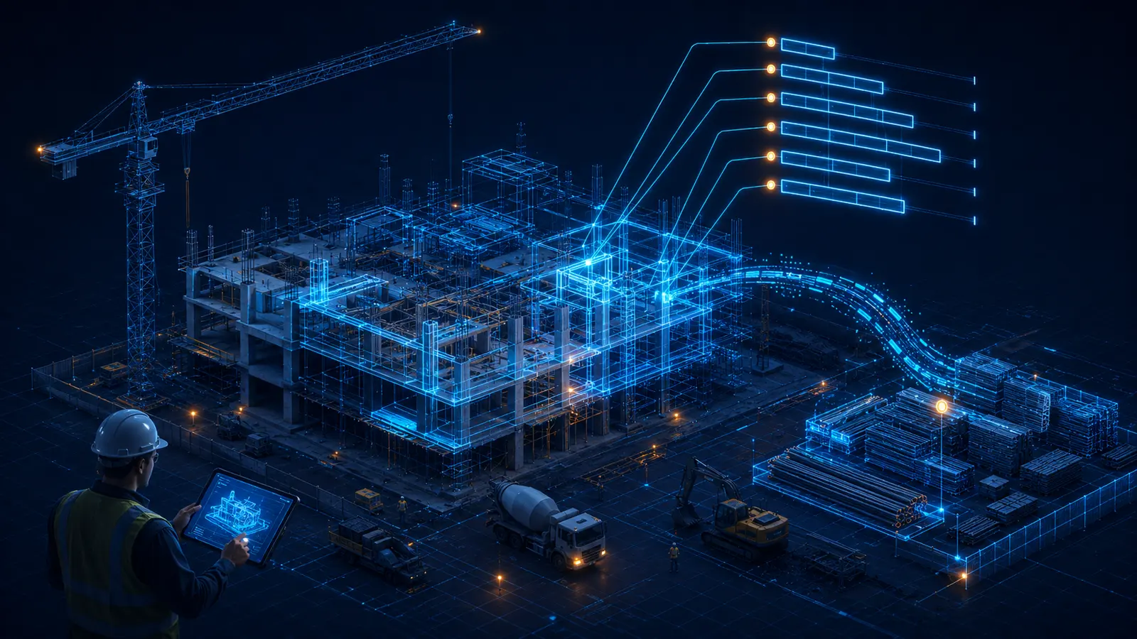 Canteiro de obras com cronograma 4D, logística de materiais, grua e consulta ao modelo em tablet