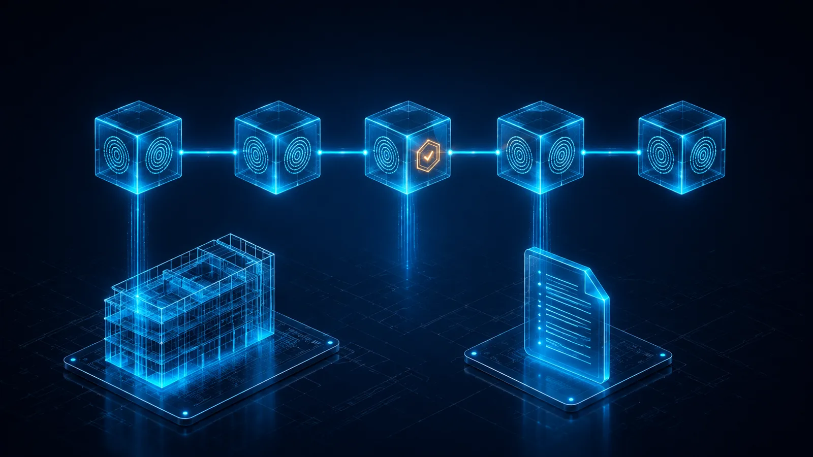 Ilustração isométrica de rastreabilidade: corrente de cubos translúcidos interligados por feixes de luz recebe fluxos verticais de um modelo de edifício em wireframe e de um documento, com um selo âmbar de aprovação em um dos elos