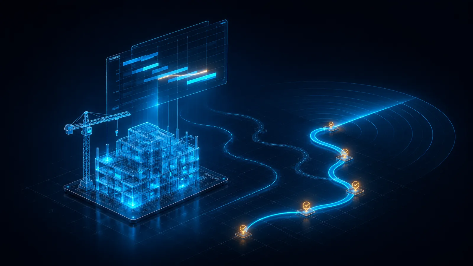 Ilustração isométrica do planejamento adaptativo: painel holográfico de cronograma sobre uma obra em wireframe com grua, projetando duas rotas à frente — a rota recalculada brilha com marcos âmbar enquanto a alternativa aparece esmaecida
