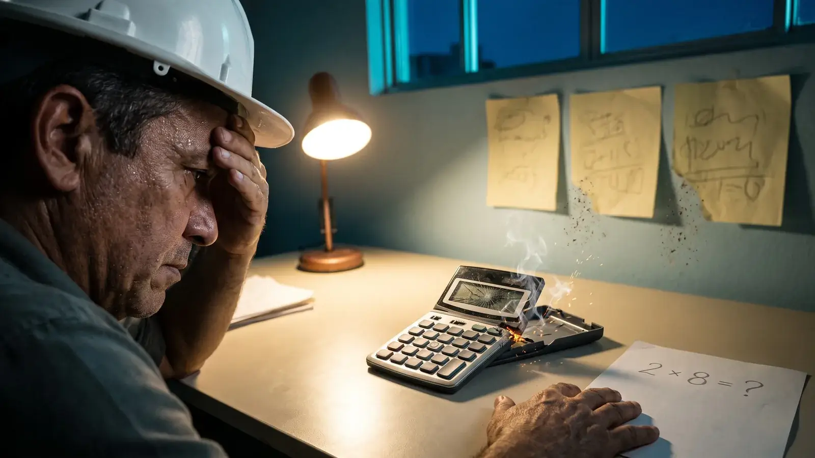 Engenheiro de capacete sua diante da conta 2 × 8 anotada no papel, com a calculadora quebrada ao lado e folhas de cálculos antigos se desfazendo em partículas ao fundo