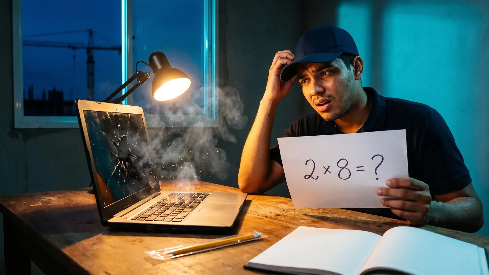 Jovem de boné, perdido, mostra uma folha com a conta 2 × 8 = ? diante do notebook de tela quebrada que solta fumaça, com um caderno em branco e um lápis ainda lacrado na embalagem sobre a mesa