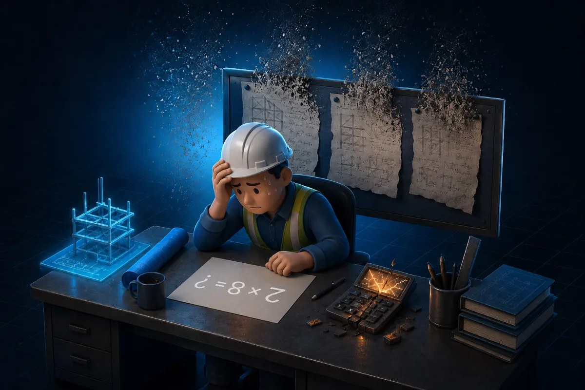 Engenheiro de capacete sua diante da conta 2 × 8 anotada no papel, com a calculadora quebrada ao lado e folhas de cálculos antigos se desfazendo em partículas ao fundo