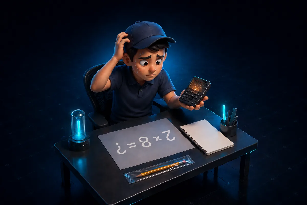 Jovem de boné olha a calculadora quebrada na mão, diante de um caderno em branco e um lápis ainda lacrado na embalagem
