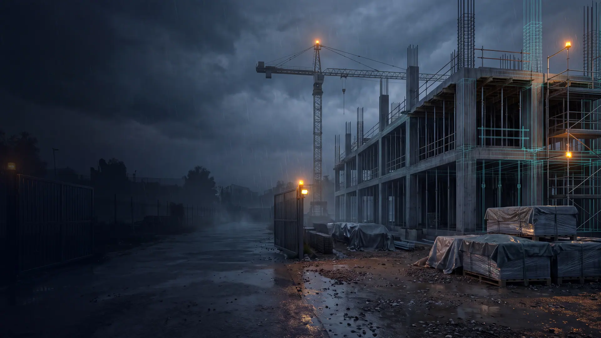 Frente de obra de concreto sob chuva forte ao entardecer, com acesso vazio e materiais cobertos à espera