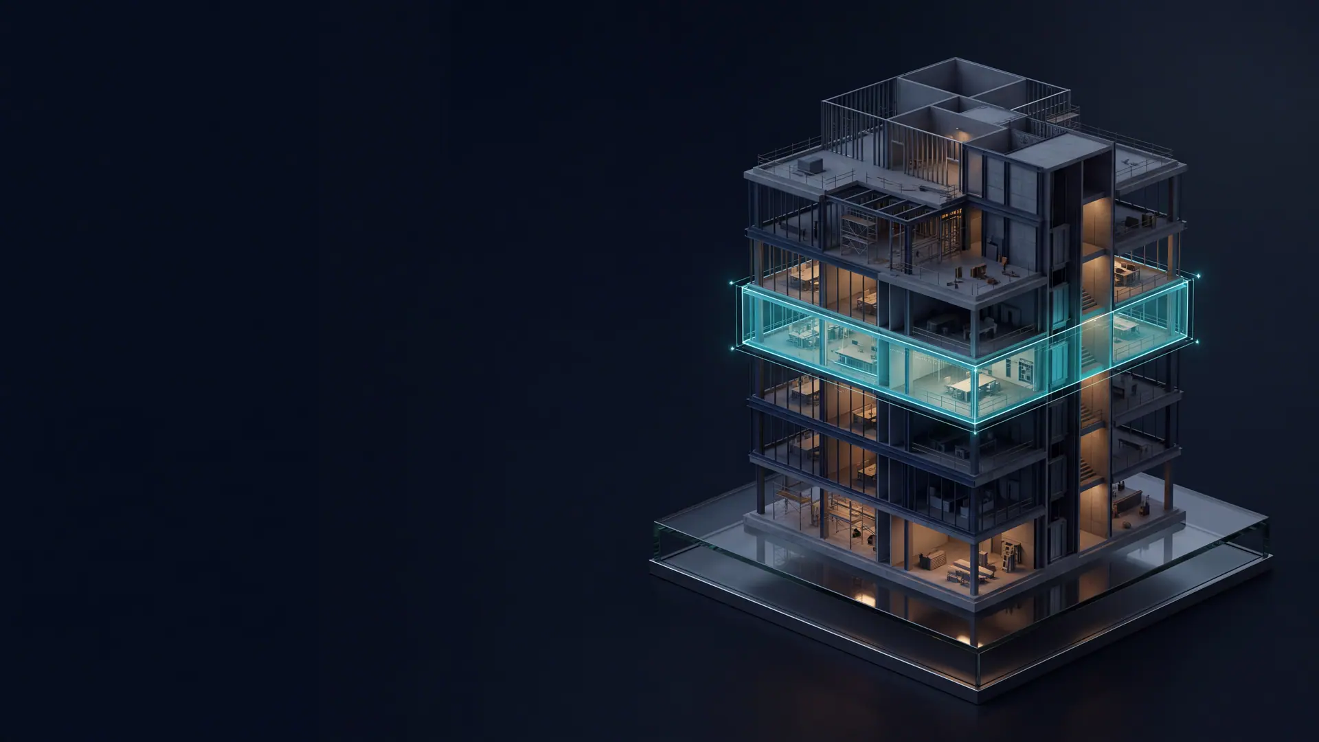 Modelo isométrico de um edifício em obra com apenas um pavimento destacado em ciano