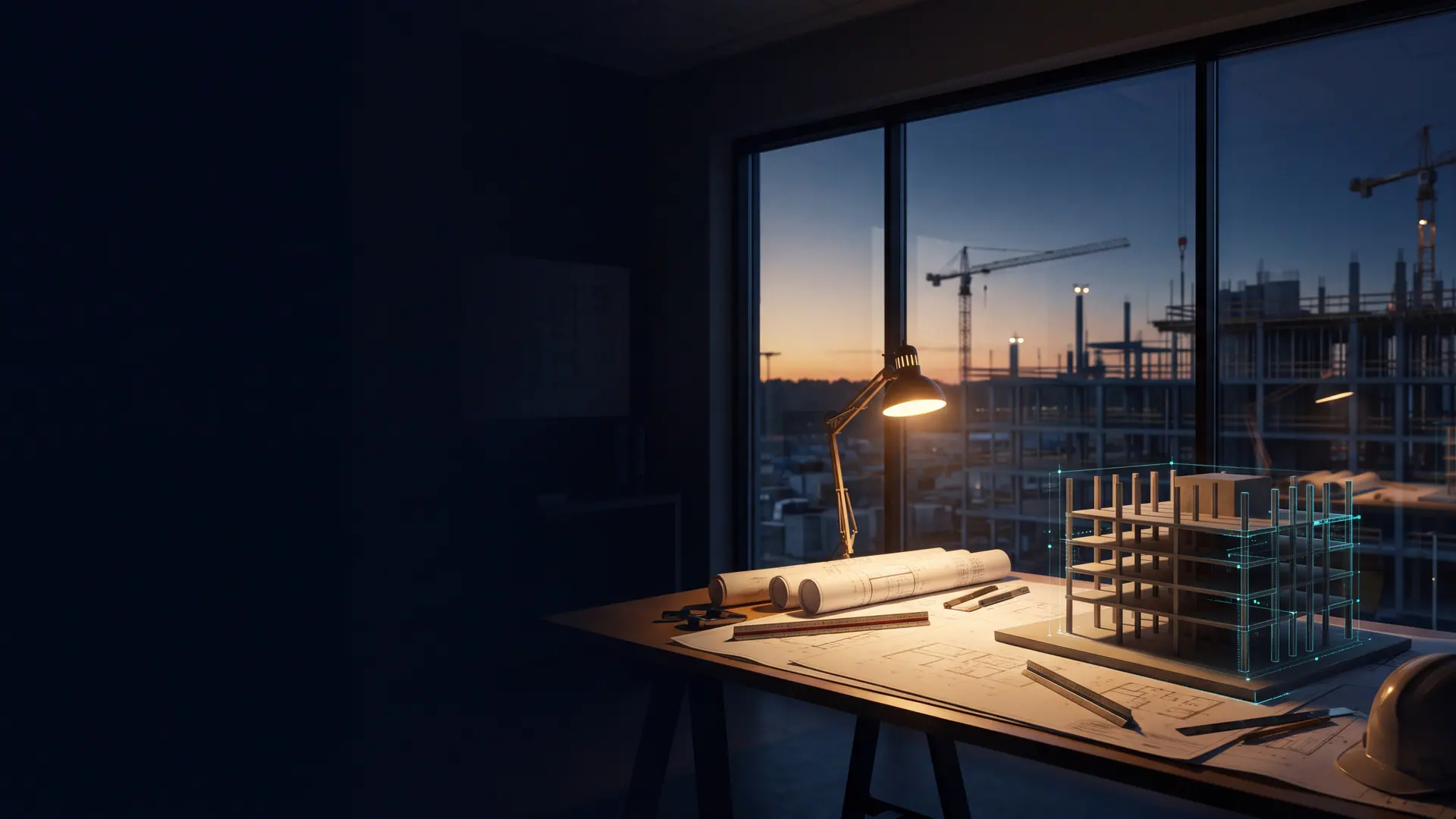 Mesa de planejamento com projetos e maquete de edifício diante de uma janela com vista para a obra ao entardecer