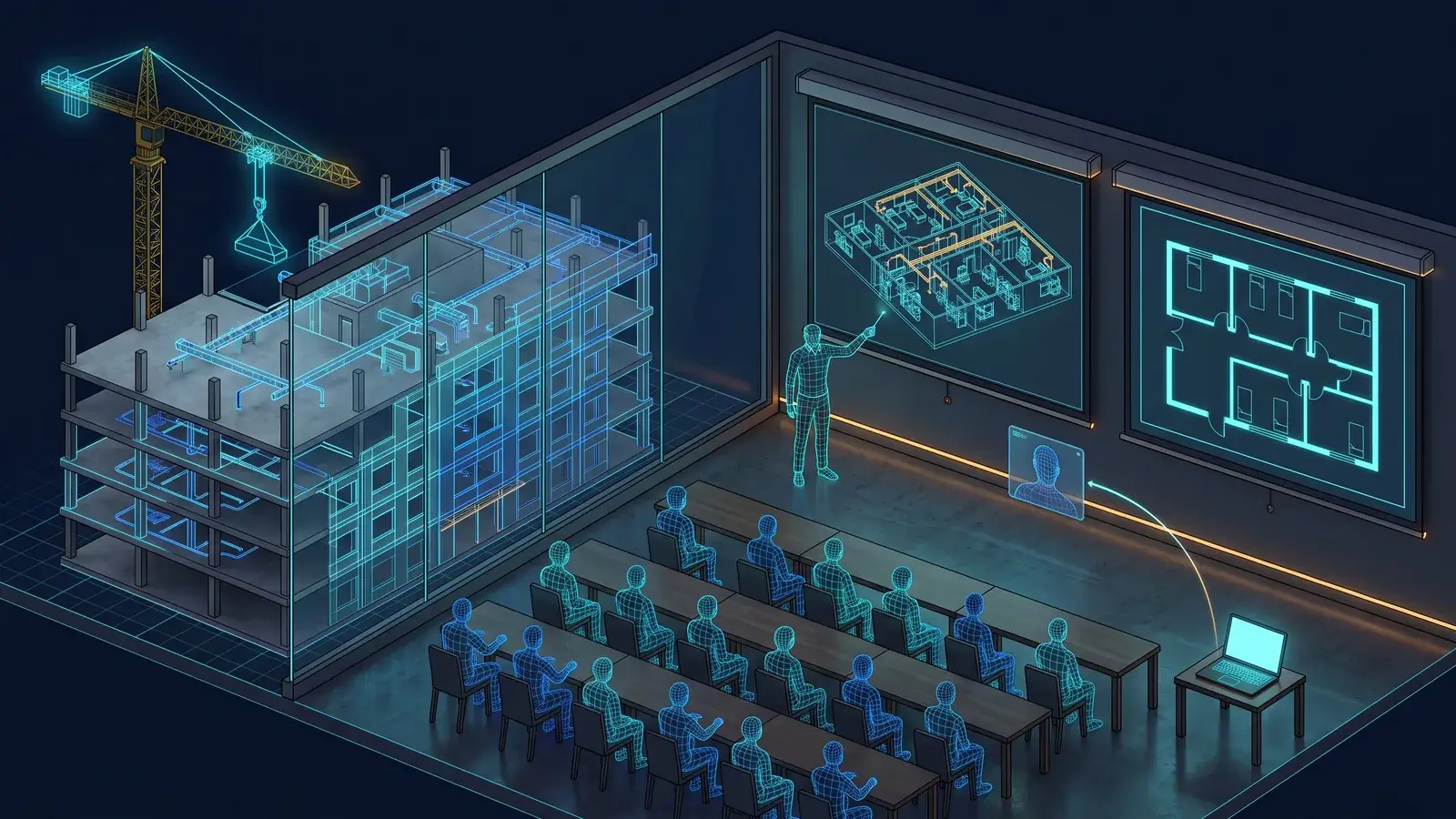 Sala de reunião com cerca de 30 pessoas sentadas em fileiras diante de duas telas, uma com o modelo 3D de um pavimento hospitalar e outra com a planta do mesmo pavimento; um apresentador aponta o modelo, um participante remoto aparece num painel e, pela parede de vidro, vê-se uma obra com uma grua