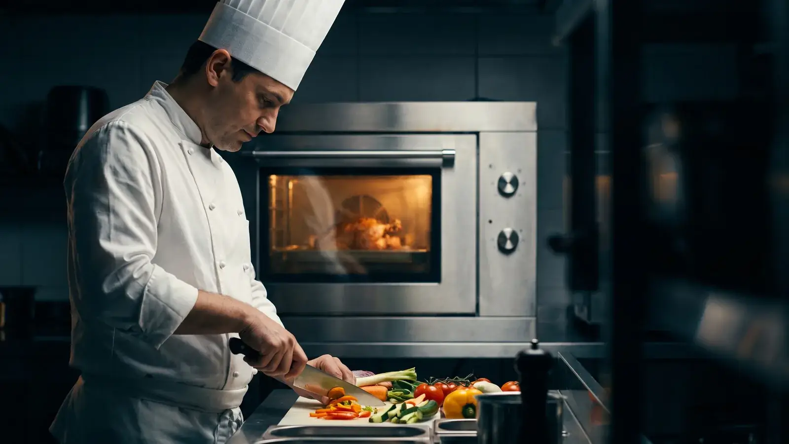 Chef de dólmã e chapéu brancos corta legumes para uma salada numa bancada de inox, enquanto, atrás dele, um assado doura dentro de um forno de porta de vidro iluminada