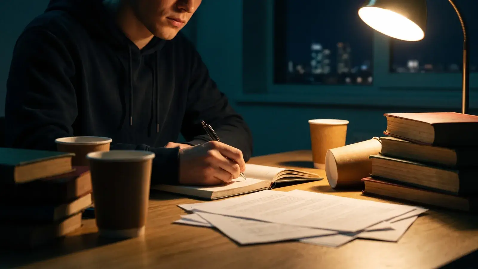 Estudante escreve às pressas num caderno, de madrugada, sob a luz de uma luminária, cercado de livros, folhas soltas e vários copos de café vazios