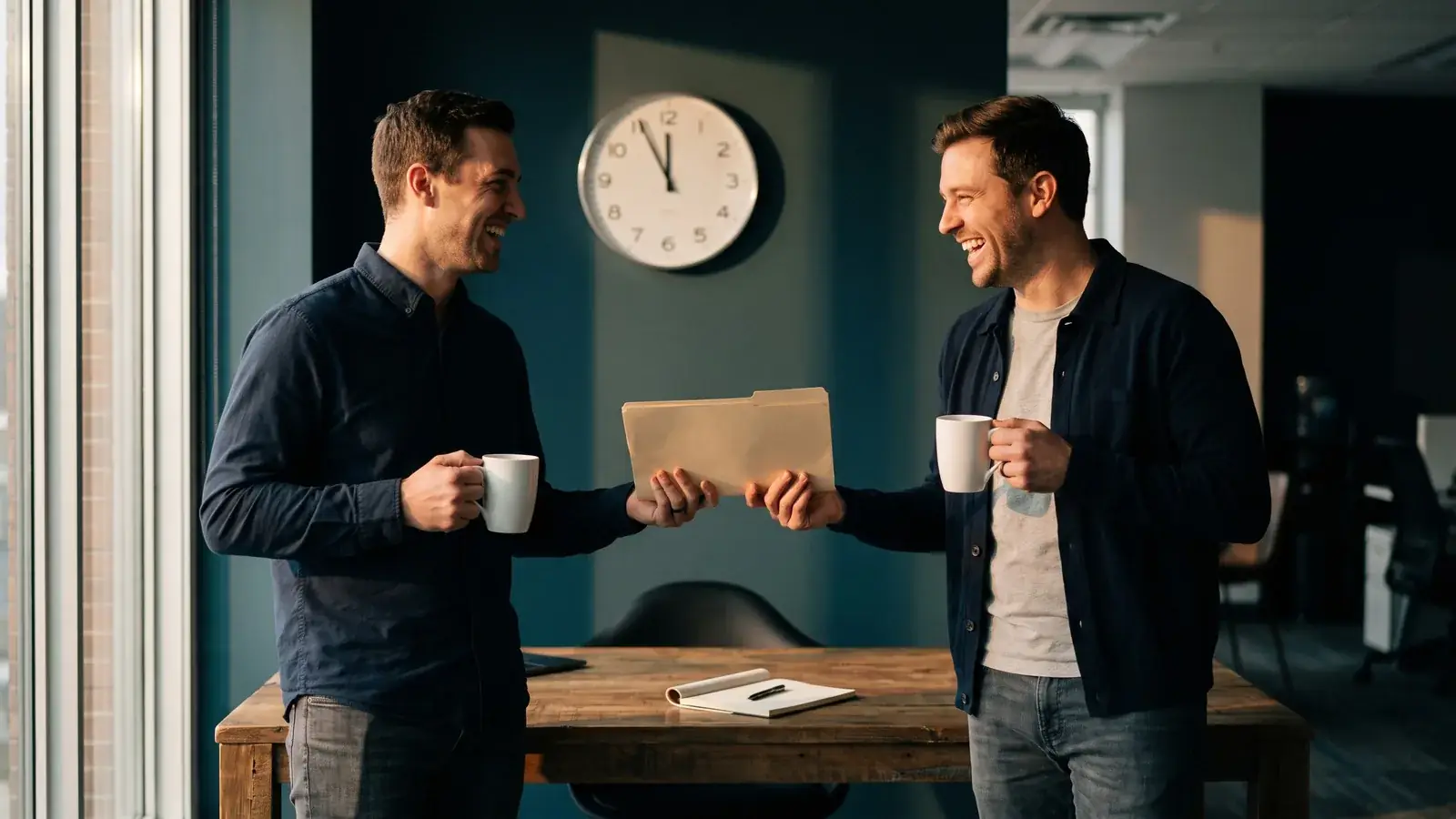 Dois colegas conversam e riem no escritório, com canecas de café nas mãos, enquanto um entrega uma pasta ao outro; atrás deles, um relógio de parede marca quase meio-dia